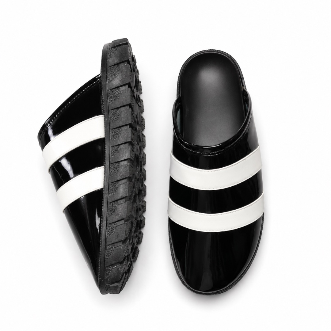 Black Patent and Contrast Strap Fashion Slides with Metallic Details